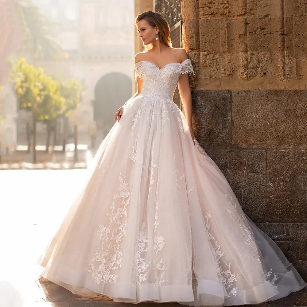 Vintage ball gown off shoulder 3D flowers lace applique tulle bridal gown wedding dress 2026 – Pollyanna Events