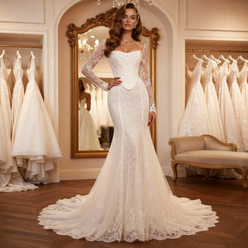 Elegant Sheath Lace Appliques Beaded Wedding Dresses With Train Long Sleeve Mermaid Bridal Party Gown For Women Vestidos Novia