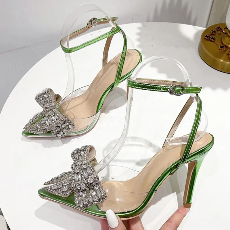 Summer party wedding crystal bowknot pointed toe women pumps PVC transparent sandals green heels – Pollyanna Events