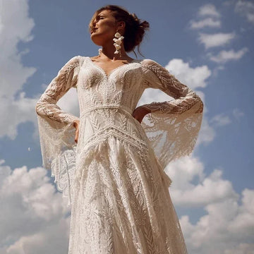CustomizedBohemia Vintage Wedding Dresses For Women V-Neck Backless Bridal Gowns Flare Sleeves Lace Robes 2024 Vestidos De Novia