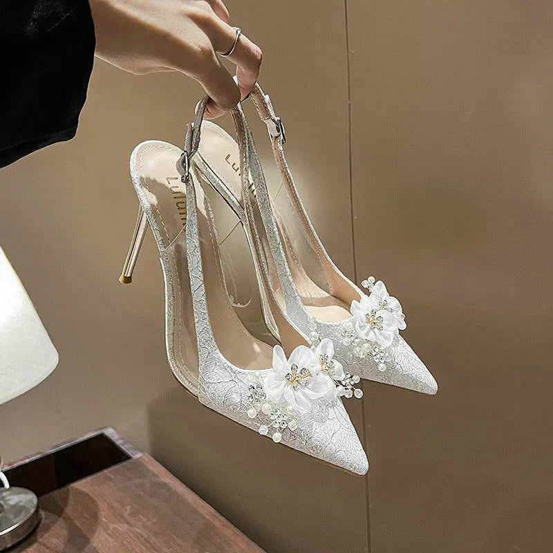 French bride gold wedding shoes thin heel pointed flower rhinodrill high heels women sandals – Pollyanna Events