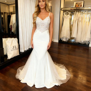 Romantic V Neck Sheath Beaded Wedding Dresses For Women Vestidos Novia Satin Mermaid Backless Bridal Party Gown For Bride