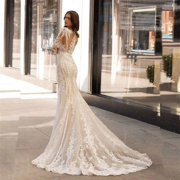 Exquisite Brautkleider Deep V-Ausschnitt Brautkleider Spitzen Applikationen Langarmes bodenlange Roben für Bräute Vestidos de Novia