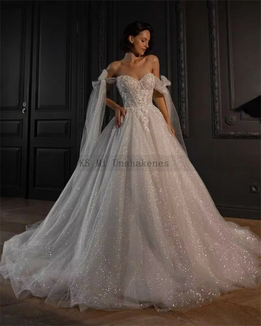 Parlak Glitter Tül Gelinlik Vintage Boho Gelin Elbise Dantel Boncuk Omuz Prenses Gelinlikler 2024 Casamento