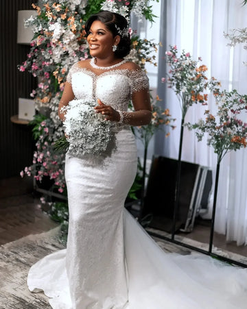 Customized African Aso Ebi Luxurious White Mermaid Wedding Dress Beaded Lace Marriage Full Sleeves Vintage Elegant Bridal Gowns
