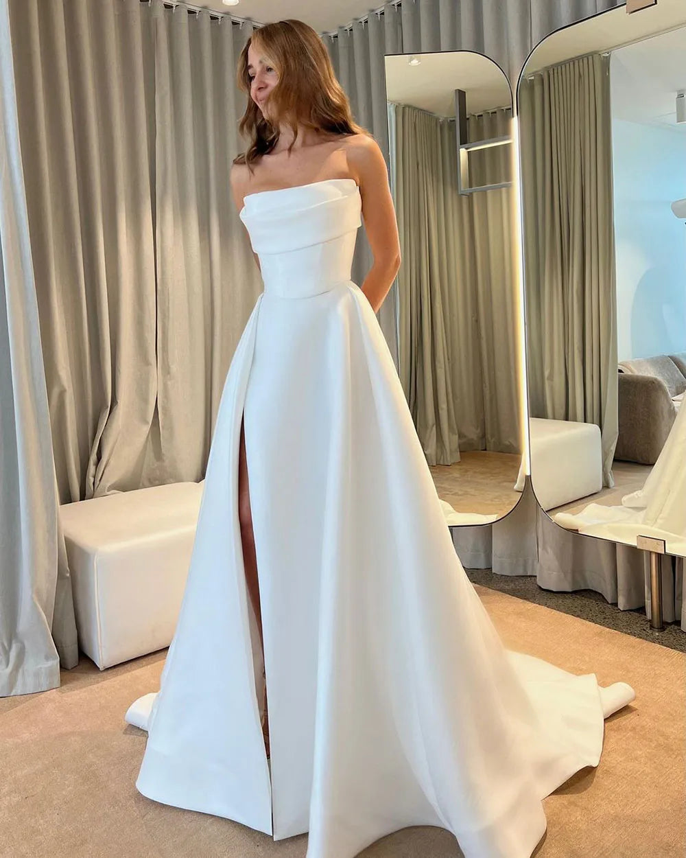 Simple strapless satin high side slit sexy backless bridal gown floor bride dress elegant wedding gowns – Pollyanna Events