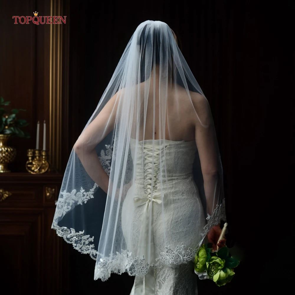 TOPQUEEN Wedding Veil Soft Single Tier Lace Edge Bridal Veil Wedding Long Train Ivory Thin Scallop Lace Embroidered Sequin V47