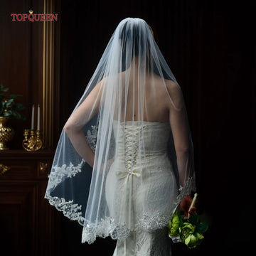 Topqueen Velio da sposa morbido morbido a livello singolo bordo velo da sposa matrimoniale treno lungo treno avorio capesante sottile in pizzo ricamato in pizzo ricamato V47