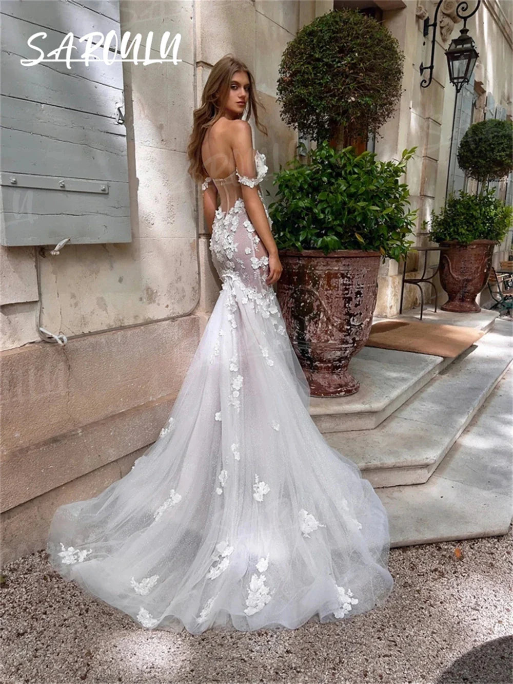 Romantic Sexy Long Mermaid Bride Dress Off-Shoulder Sleeves Cut-out Lace Appliques Tulle Sweetheart Women Wedding Dresses 2024