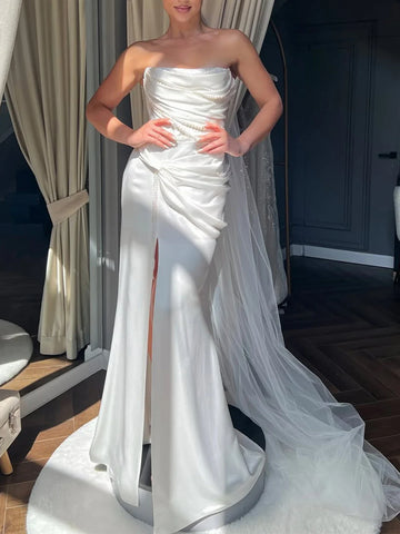 Simple Vestidos Novia Satin Backless Mermaid Wedding Dress With Slit 2025 Sheath Long Strapless Bridal Party Gown For Women