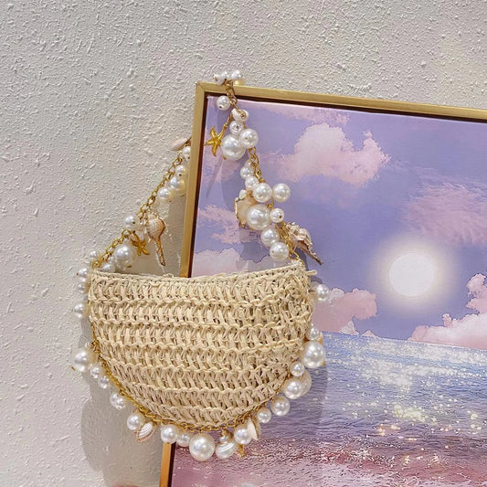 Bohemian Pearls Bag Straw Conch Starfish Women Bolsbs Bolsos de la playa Bolsa de hombro Bolsas de cuerpo de cascabel Bolsas Crossbody Ladies Tote