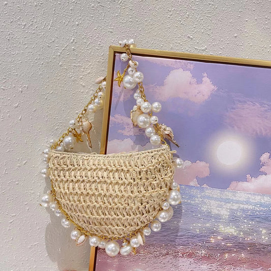 Богемні перлини солом'яна сумка з раковинними зоряними сумочками сумочки напівмісячний пляж куска дизайнер ротанга кроссболі мішки дами тот