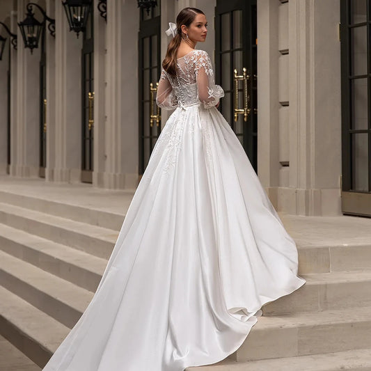 Klassieke trouwjurken 2023 vrouwen o-neck volle mouwen bruid jurk satijn met applique sweep trein a-line aangepaste gelegenheid jurken