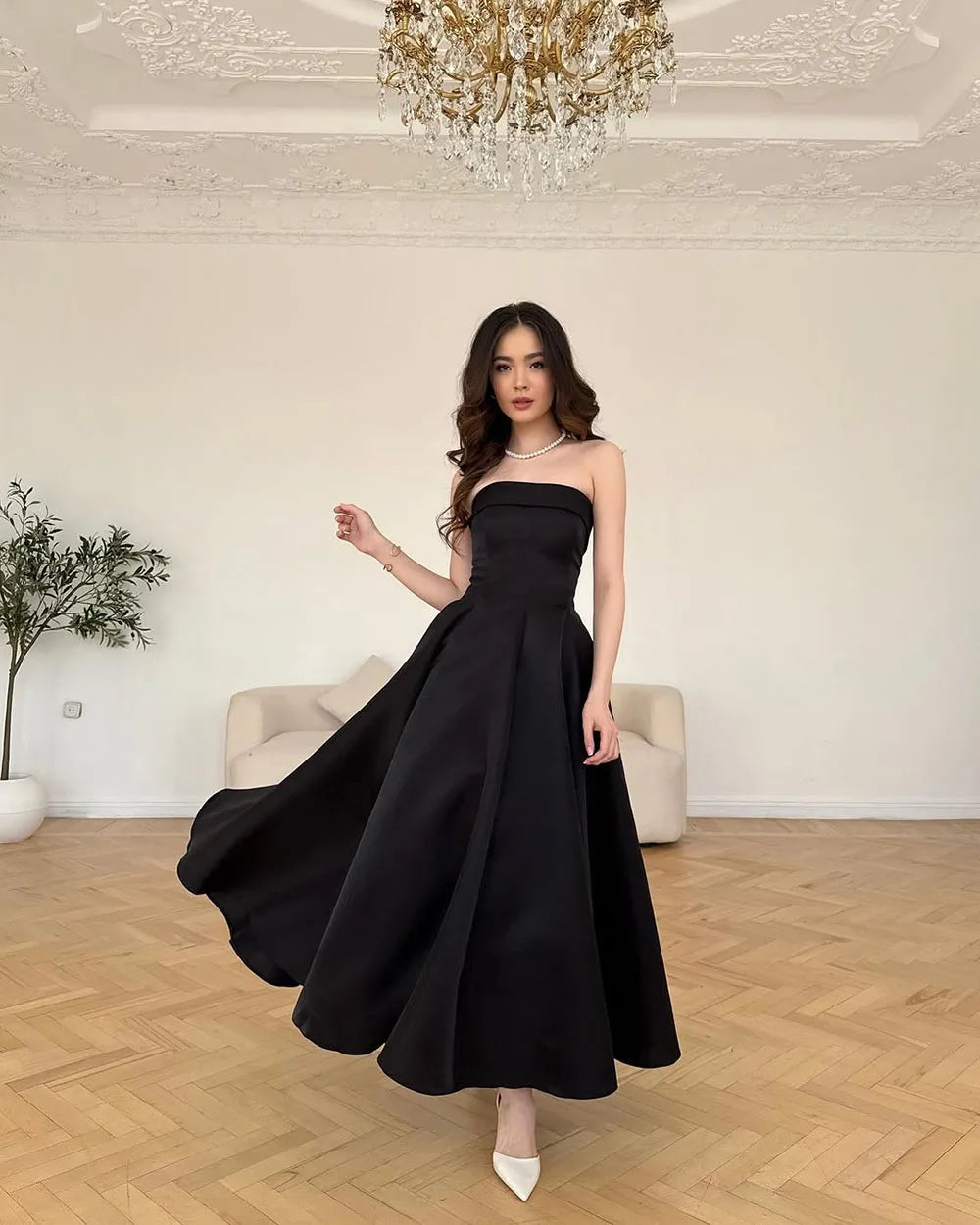 Black Simple Strapless Satin Evening Dress Corset Back Graduation A Line Wedidng Party Guest Gown Birthday Prom Dress Customized