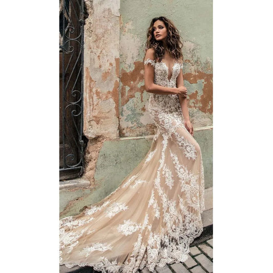 Luxury Mermaid Lace Wedding Dresses White Open Back Deep V-neck Off The Shoulder Bridal Gowns Sweep Train Vestido De Novia