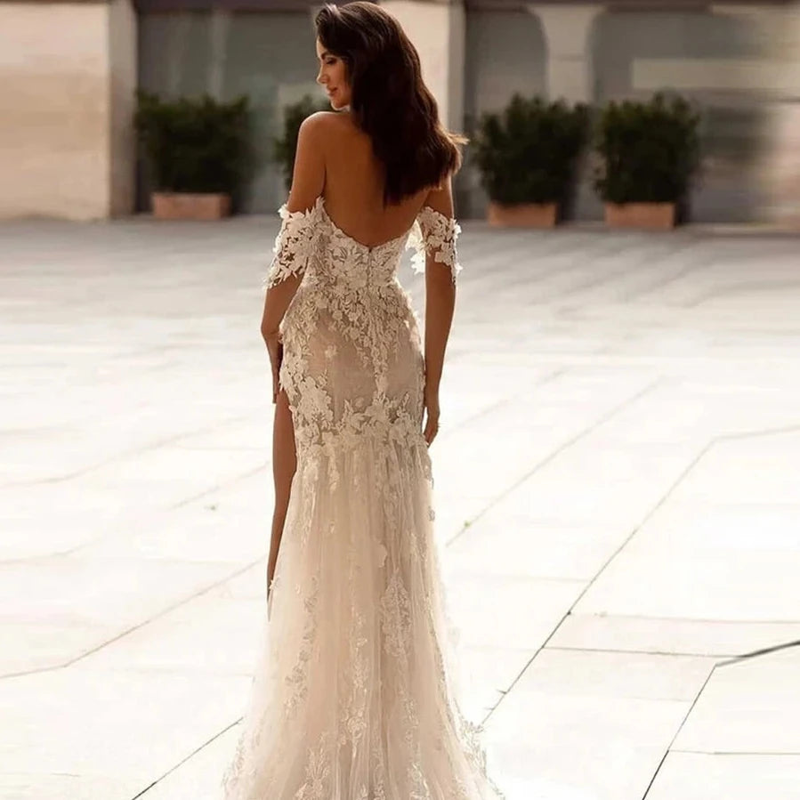 Charming Off the Shoulder Tulle Wedding Dress Sexy Side Slit Mermaid Customized Bridal Gowns Delicate Appliques