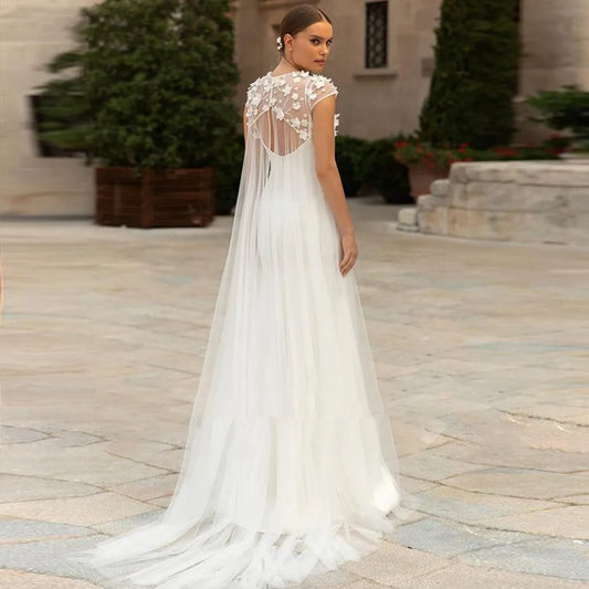 O Robe de mariée à manches de manche de cou pour femmes 3d fleurs en tulle overskirt satin chérie robes de mariée coupées arrière robe de mariee