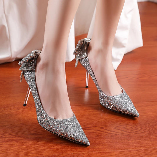 Bling Sequins Wedding Shoes for Women Bride 2024 Elegant Pointed Toe Thin Heels Pumps Woman Silver Crystal High Heels for Ladies