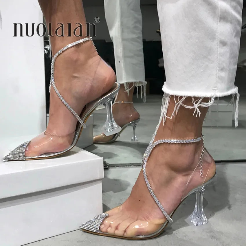 Luxury rhinestone closed toe silver high heels women pumps slingback summer bridal wedding sandals – Pollyanna Events