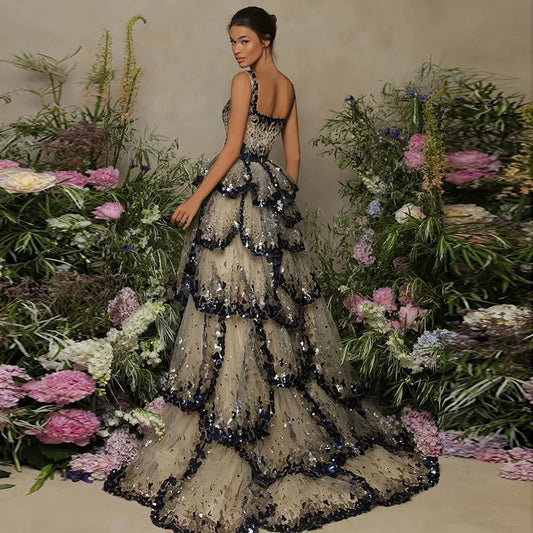 Robes de soirée de luxe Dubaï 2024 Sparkly Sequin Tiered Ruffles Elegant Women Wedding Party Formal Robes SS243