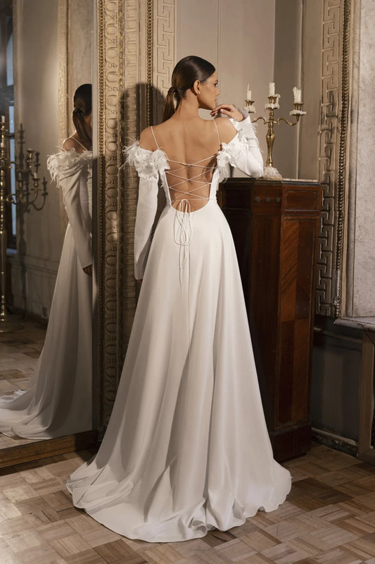 Весільна сукня для пір'я для жіночих бічних щілини A-Line довжина підлоги довжиною рукава Spaghestti ремінь Cutomize для заходів чарівного 2024