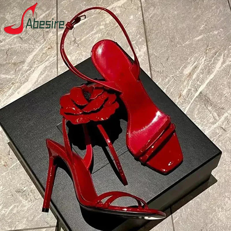 Red rose high heels women sandals square toe ankle strap 9cm stiletto luxury leather slingback party – Pollyanna Events