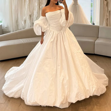 Simple Long Puffy Sleeve Ball Gown Wedding Dresses With Train A Line Satin Strapless Bridal Party Gown For Women Vestidos Novia