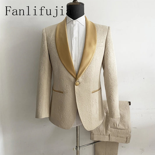 Fanlifujia Mens Wedding Suits 2024 Italiaans ontwerp op maat gemaakt Champagne Smoking Tuxedo Jacket 2 -delige bruidegom terno pakken voor mannen