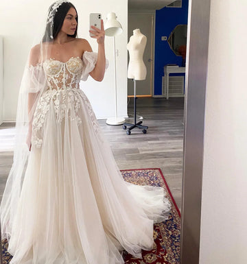 Customized  Short Puff Sleeves lace Beach Wedding Dresses Appliques Formal A-LINE Bridal Gowns For Womens vestidos de novia