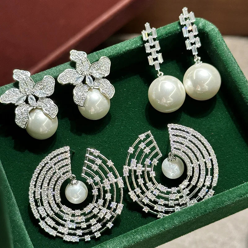 High Quality Pearl Zircon Bridal Earrings CZ Cubic Zirconia Wedding Earring Brides Women Accessories Birthday Gifts Jewelry