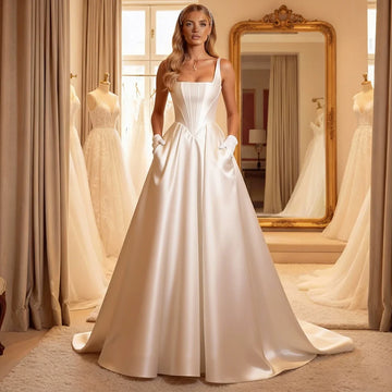 Elegant Satin Pleated Wedding Dress With Train Long A Line Ball Gown For Bride Vestidos Novia Backless Bridal Party Gown