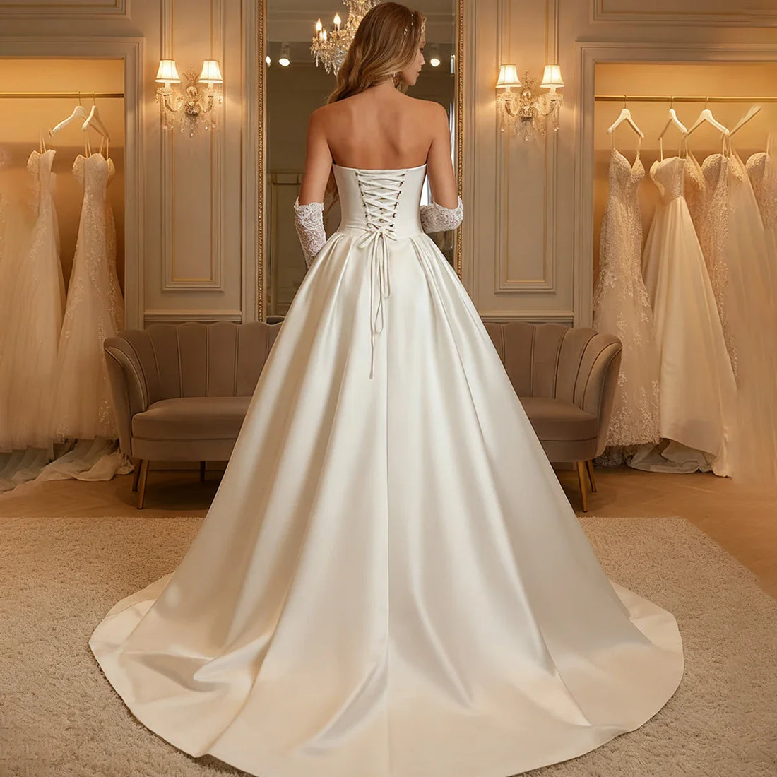 Elegant Satin Strapless Wedding Dress Vestidos Novia Long A Line Ball Gown For Bride Backless Bridal Party Gown With Train