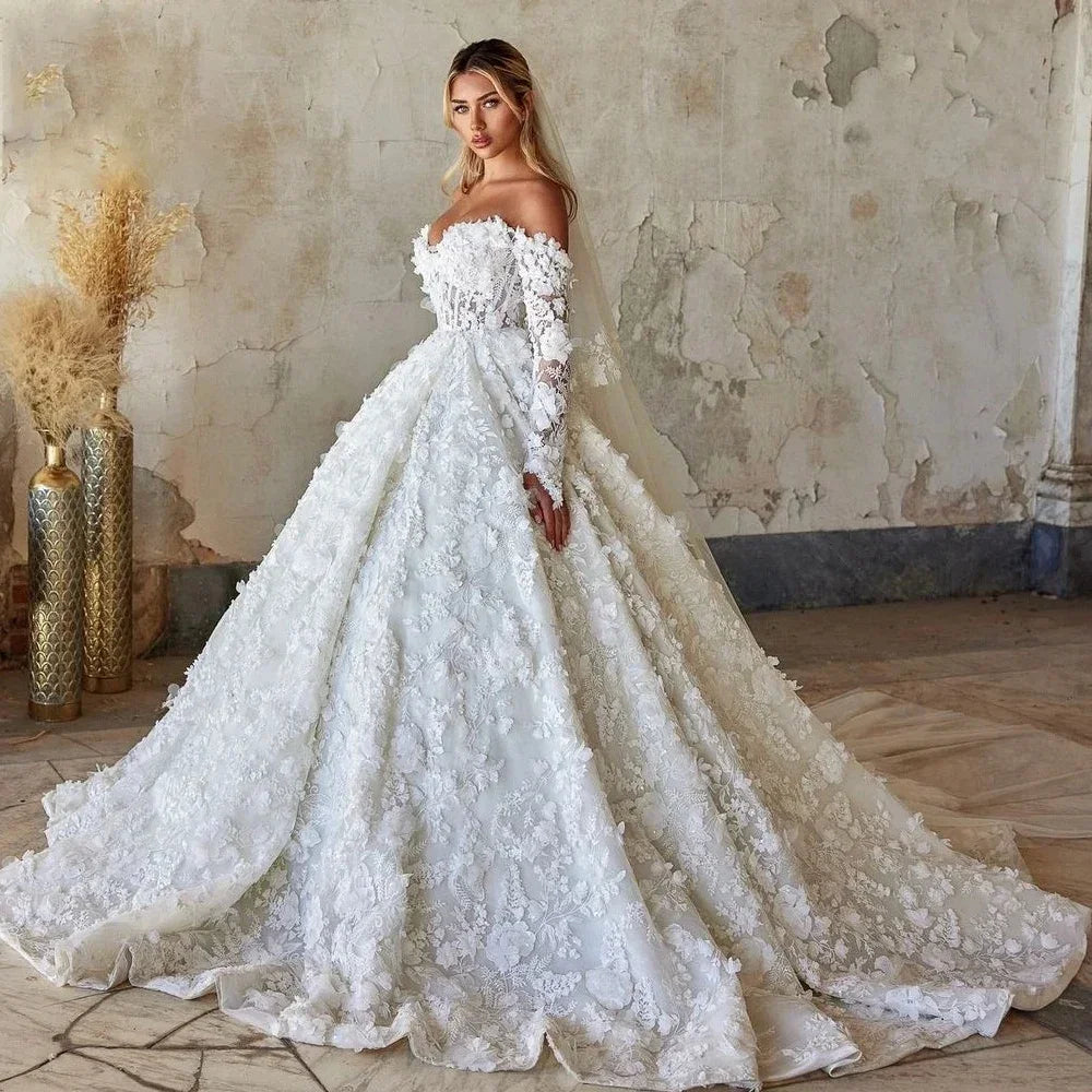 Customized Ball Gown Wedding Dresses Sweetheart Off The Shoulder Robe De Mariee Lace 3D Flower Bridal Gown Vestidos De Novia