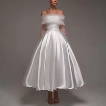 Elegant Teal Length Satin Wedding Dresses For Women Detachable Sleeve Ball Gown For Bride Pleated Bridal Gown Vestidos Novia