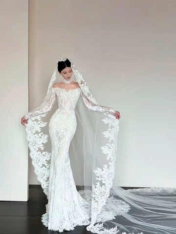 Customized Gorgeous Lace Off The Shoulder Lace Mermaid Wedding Dress Sexy Long Sleeve See Through Vintage Bridal Dresses