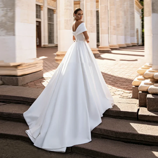 OUSIRUI V Neck Simple Satin Wedding Gown Sweep Train Gorgeous Ball Gown Wedding Dresses Off The Shoulder  Corset Bridal Dress