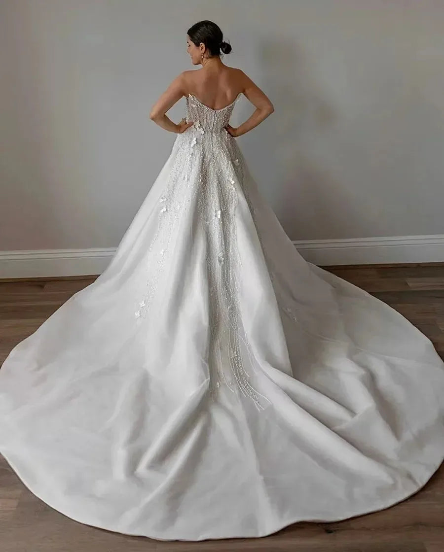 2025 Sleeveless Beading Applique Pearls Square Collar 3d Flowers Floor Length Gowns Robe De Mariee Wedding Dresses  Customize