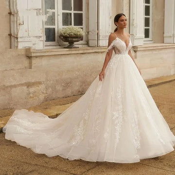 Customized   V Neck Wedding Dress Backless Lace Appliques A-Line Shiny Off Shoulder Bride Gown Princess Vestido de Noiva 2025