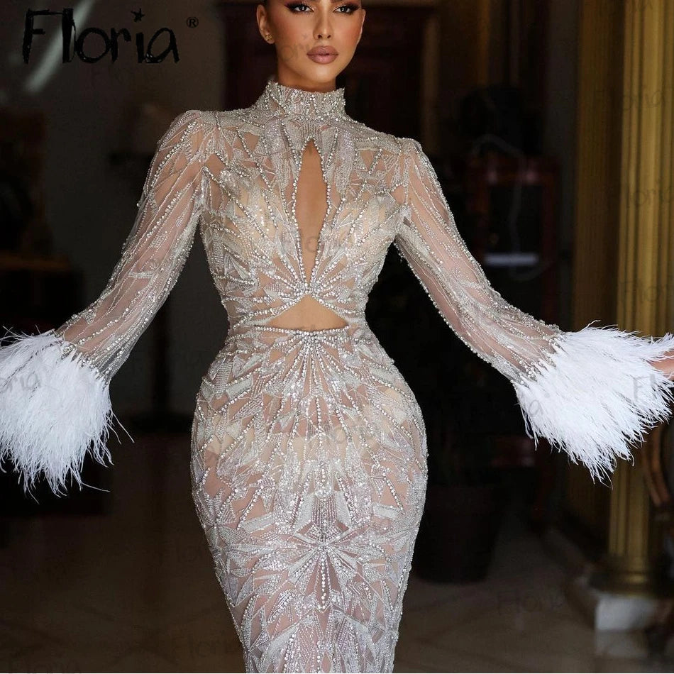 Sparkle Beaded Mermaid Floor Length Evening Dress Feather Sleeves Elegant Formal Prom Gowns Arabic High Neck Stones Wedding Robe