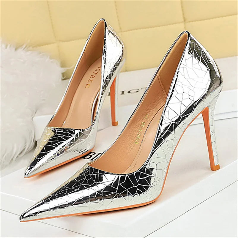 Plus Size 34-43 Women 10.5cm High Heels Metallic Sliver Gold Pumps Lady Wedding Bridal Heels Event Party Sexy Serpentine Shoes