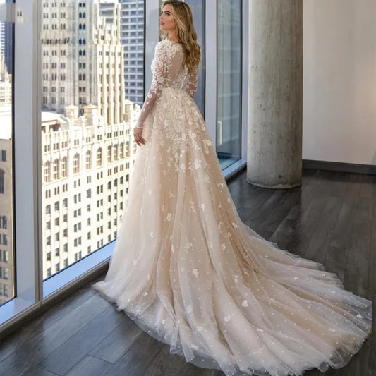 Розкішна знімна 2-в 1 весільна сукня перлів вишита v-подібна різниця в мережі з мереживо