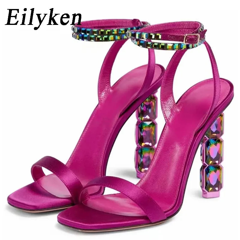 Eilyken Summer Crystal Embelli les sandales à talons hauts Femmes Diamond Open Toe Sangle de la cheville Silk Satin Rigice Banquet