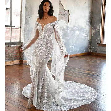 Customized Mermaid Wedding Dresses Deep V Neck Lace Appliques Long Flare Sleeve Bridal Gowns Robe Mariage Vestido de novia