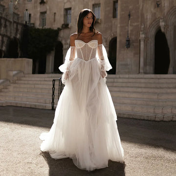 Boho Wedding Dresses High Neeck Illusion Long Sleeves Bride Dress Applique Princess Bridal Dress vestidos de novia Customized