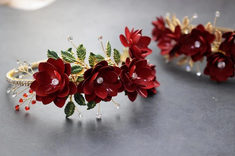 Red Flower Headband Hairband Crystal Headpiece Headwear For Bride Tiara Crown Headdress Bridal Jewelry Wedding Hair Accessories