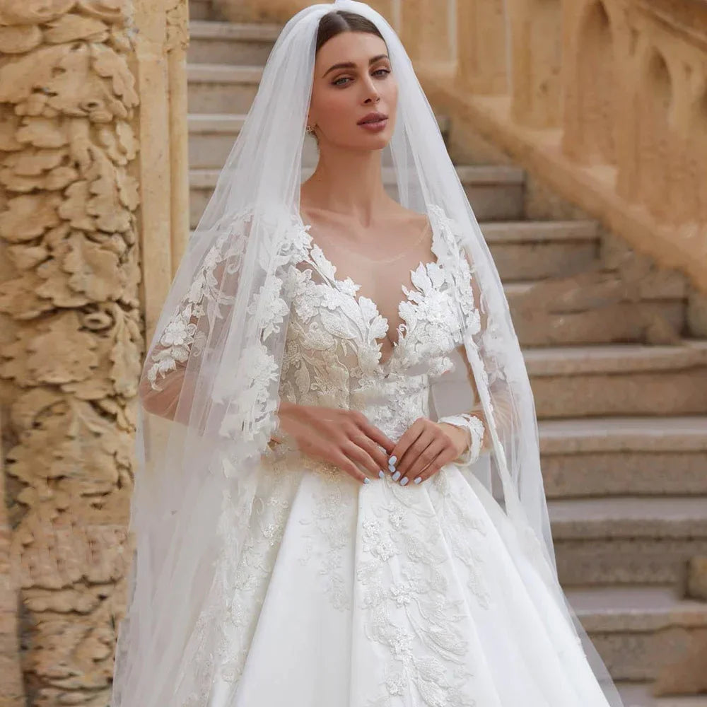 Customized Elegant Satin Wedding Dresses Lace Applique Long Sleeves Scoop Neck Back Buttons  Bride Gown Vestidos De Novia