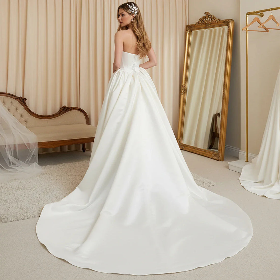 Simple Puffy Strapless Pleated Wedding Dress With Train A Line Satin Bridal Party Gown Long Ball Gown For Bride Vestidos Novia
