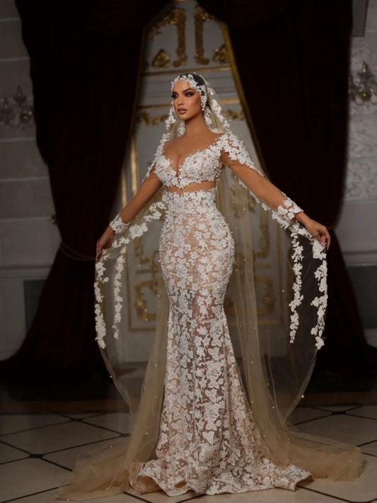 Romantik Balo Gown Weeding Elbise V Yastık aplikler İnci Gelin Corn Lüks Uzun Kollu Gelin Elbiseler Vestidos De Novia