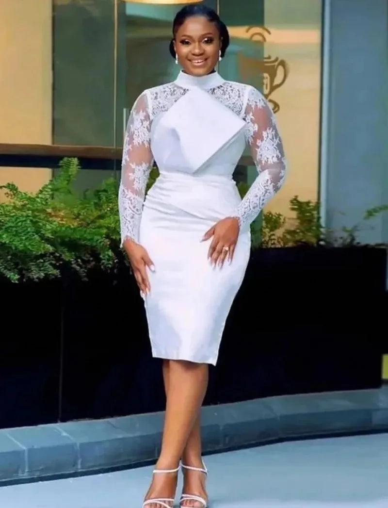 Aso Ebi short high neck lace long illusion sleeves sheath bride party gown 2026 – Pollyanna Events