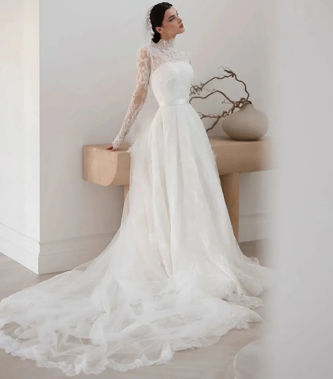 Luxury lace long sleeves round high neck sweep train A-line Muslim bridal gown wedding dress – Pollyanna Events